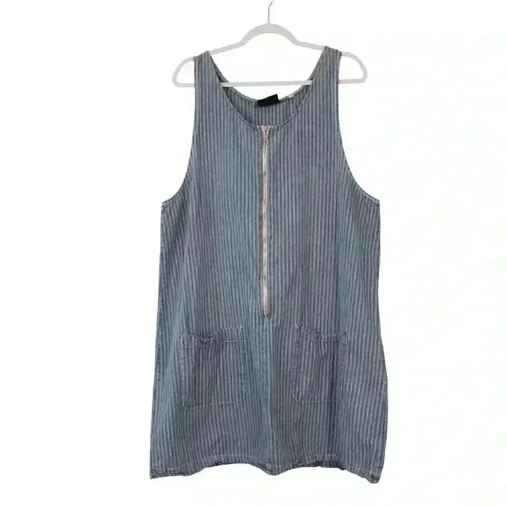 Vintage Chambray Denim Dress Size 20 Jumper Striped 90s Y2K Grunge Half Zip